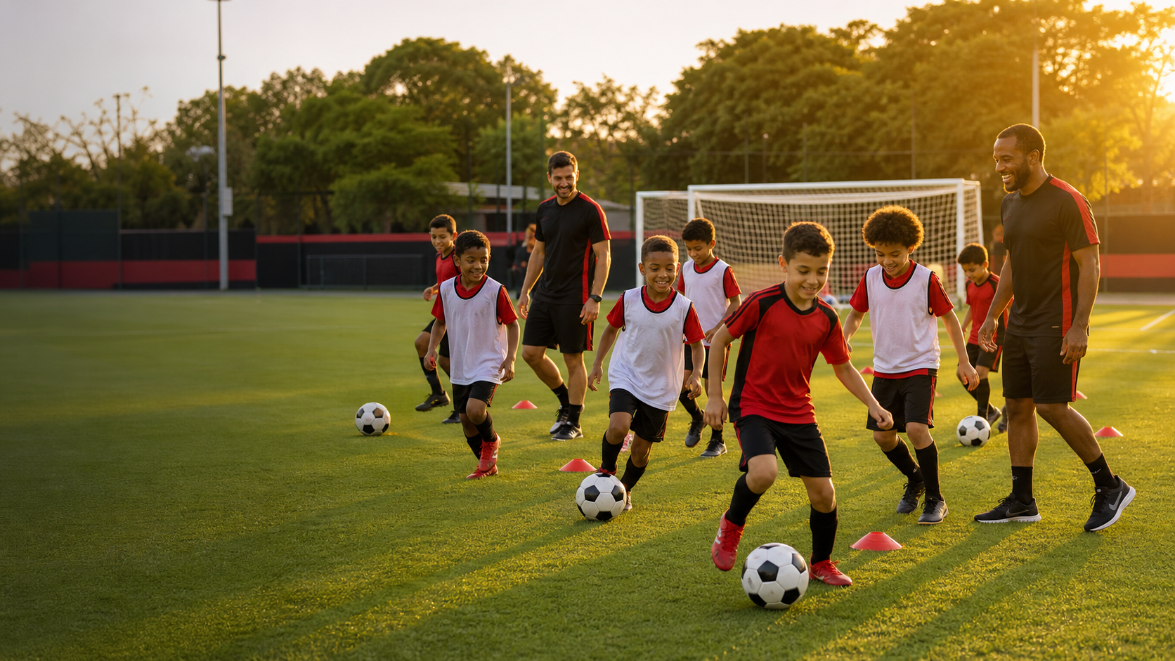 Crianças treinando futebol com orientação profissional